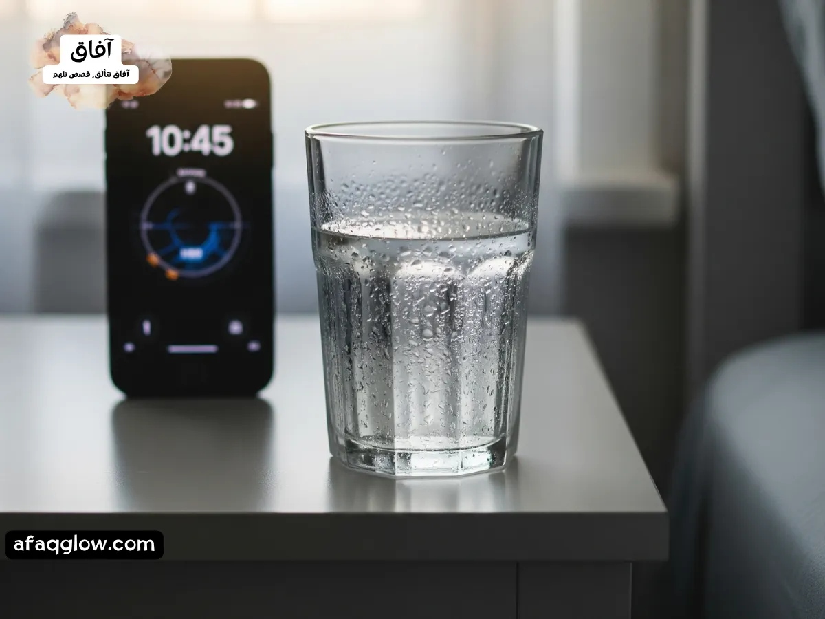 لقطة صباحية خافتة الإضاءة لطاولة بجانب السرير. عليها كوب ماء أنيق وشفاف بقطرات متكثفة، موضوع بجوار منبه هاتف ذكي انطلق للتو. ينصب التركيز على كوب الماء، مما يوحي بأنه الأولوية القصوى.