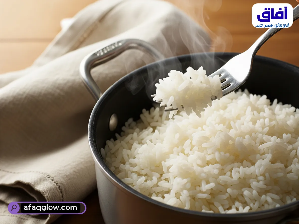 شوكة تُحرّك بلطف قدرًا من الأرز الأبيض المطهو جيدًا والمُبخّر. كل حبة أرز مُنفصلة ومُميزة. القدر موضوع على سطح خشبي ريفي بجانب منشفة مطبخ. اللقطة دافئة وجذابة، تُبرز قوامها الرقيق.
