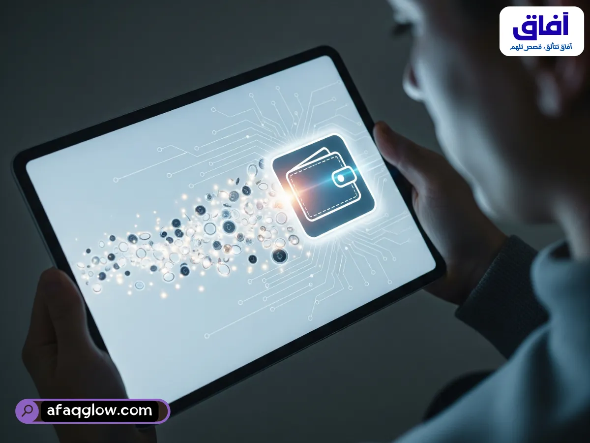 صورة تخيلية تُظهر شخصًا ينظر إلى شاشة جهاز لوحي تعرض تدفقًا متدفقًا من حزم بيانات صغيرة متوهجة أو عملات رقمية تنتقل إلى محفظة رقمية. الخلفية عبارة عن واجهة أنيقة ومستقبلية، ترمز إلى المعاملات السريعة والصغيرة.