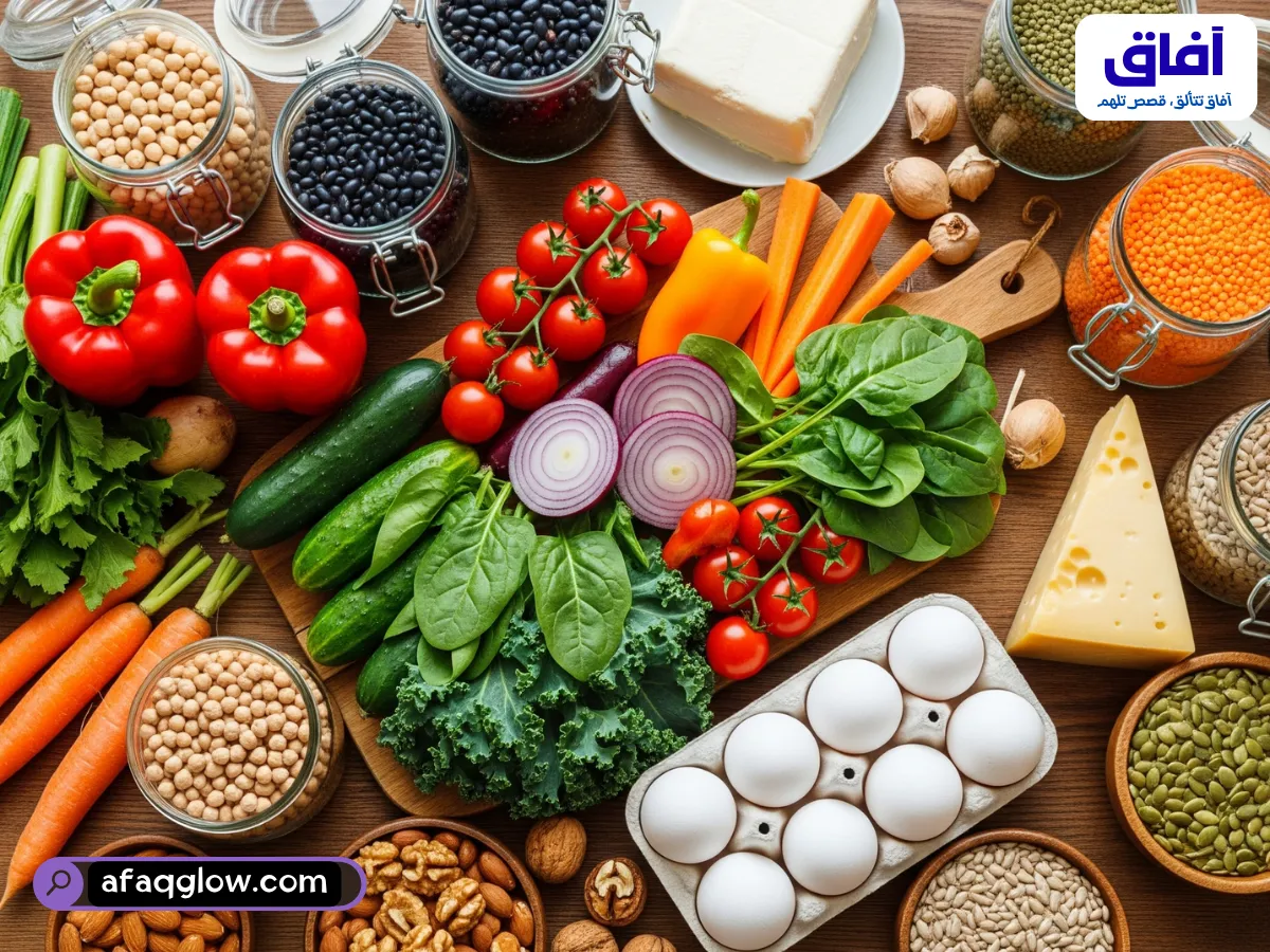 لقطة من أعلى لطاولة مطبخ مليئة بتشكيلة متنوعة من الأطعمة النباتية. تشمل خضراوات طازجة ملونة، وأنواعًا مختلفة من الفاصوليا والعدس في مرطبانات زجاجية، وقطعة من التوفو، وعلبة بيض، وقطعة من الجبن، ومكسرات وبذور متنوعة.