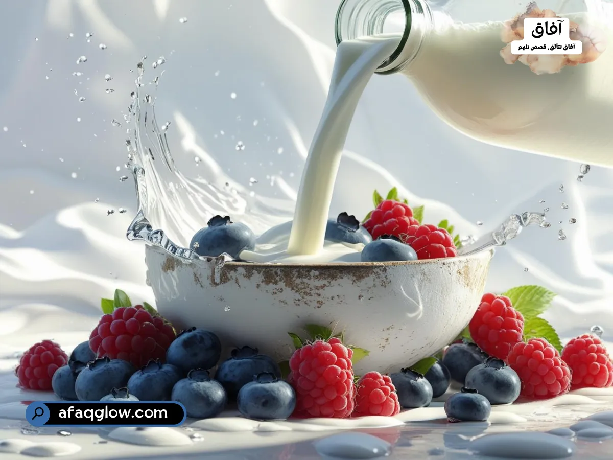 كفير وتوت: جرعة نابضة بالحياة من الكفير الأبيض الكريمي، تُسكب من زجاجة زجاجية في وعاء من مزيج التوت الطازج والحيوي (التوت الأزرق والتوت الأحمر). خلفية المشروب مشرقة ونظيفة، تُبرز النضارة والصحة.