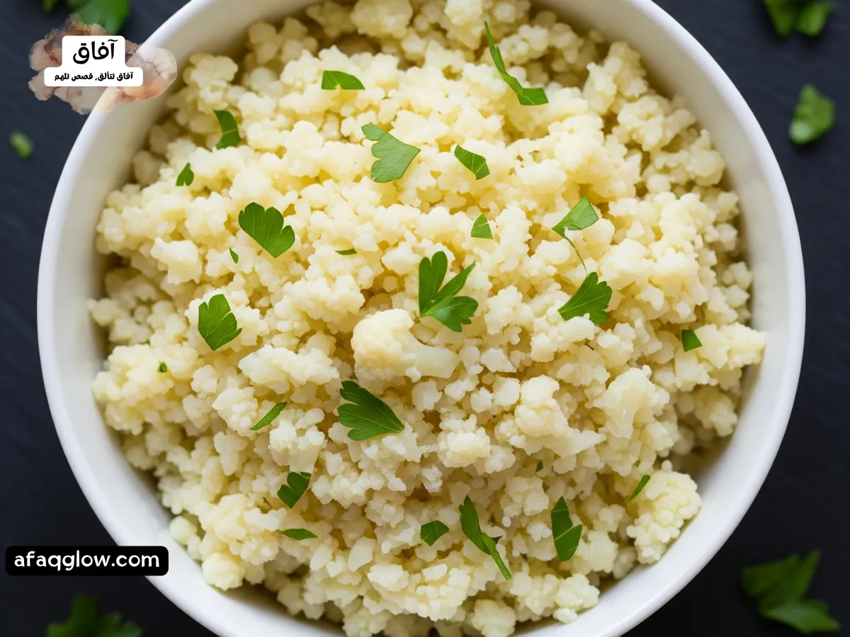 لقطة مقربة من أعلى لوعاء أبيض نقيّ مملوء بأرز القرنبيط الطازج. وُضع الوعاء على خلفية من حجر الأردواز الداكن، ومُزين ببقدونس مفروم طازجًا لإضفاء لمسة لونية مميزة.