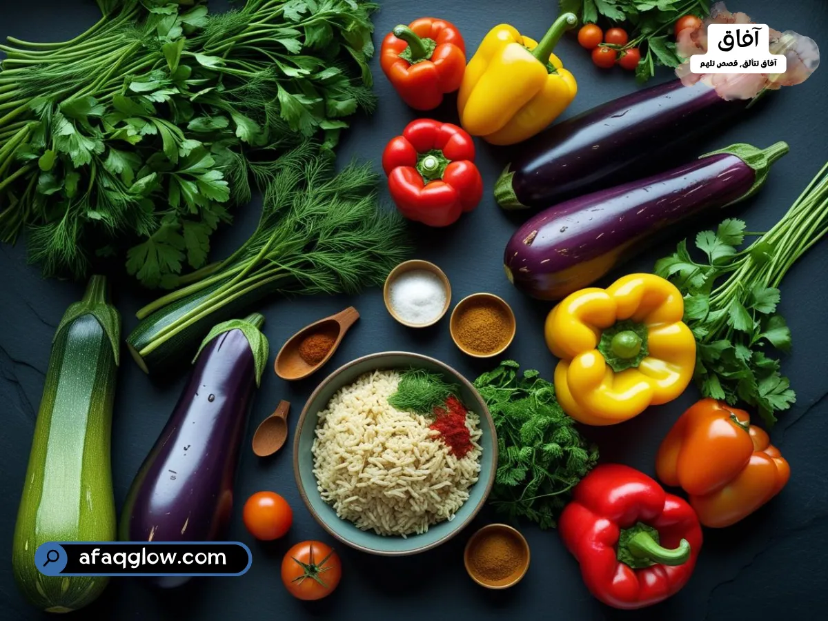 مكونات المحشي المصري من خضروات طازجة وأرز وأعشاب.