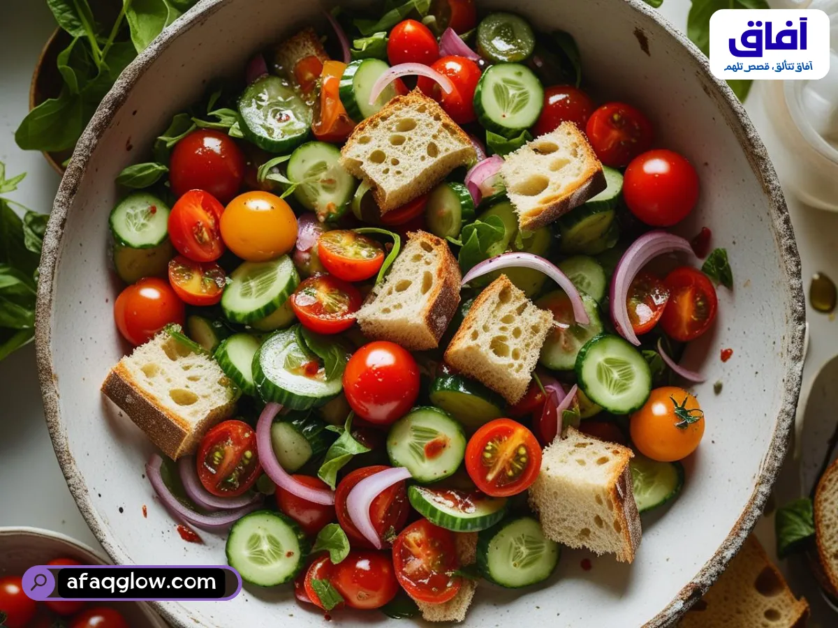لقطة جوية لسلطة بانزانيلا زاهية في وعاء أبيض كبير. السلطة مليئة بطماطم كرزية ملونة، وخيار، وبصل أحمر، وقطع كبيرة من الخبز القديم المُعاد تدويره، والتي تشربت الصلصة. اللقطة طازجة وشهية.