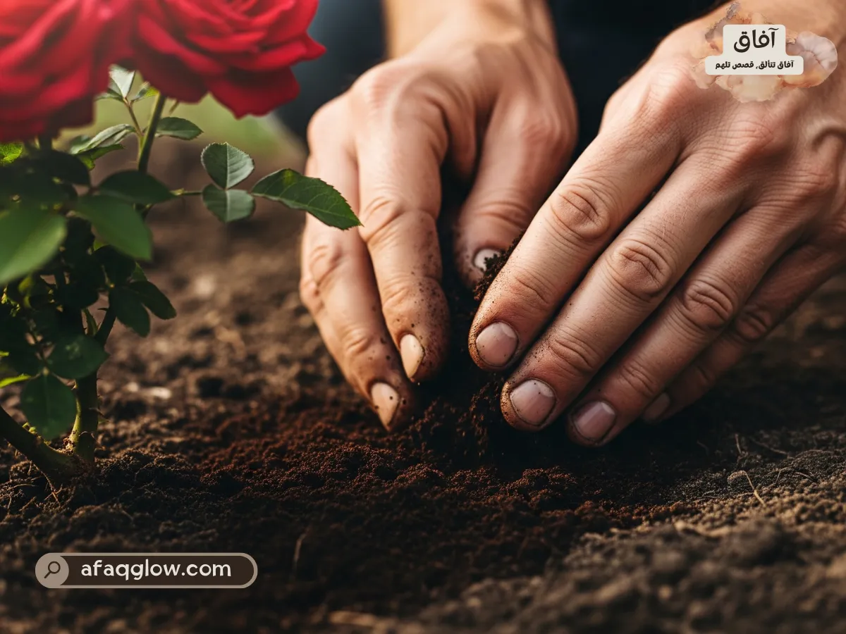 لقطة مقربة ليدي بستاني، مع تراب تحت أظافره، يمزج بلطف بقايا قهوة داكنة غنية بالتربة المحيطة بقاعدة شجيرة ورد زاهية. الإضاءة ناعمة، كضوء الصباح الطبيعي، تُبرز ملمس التربة وبقاياها.