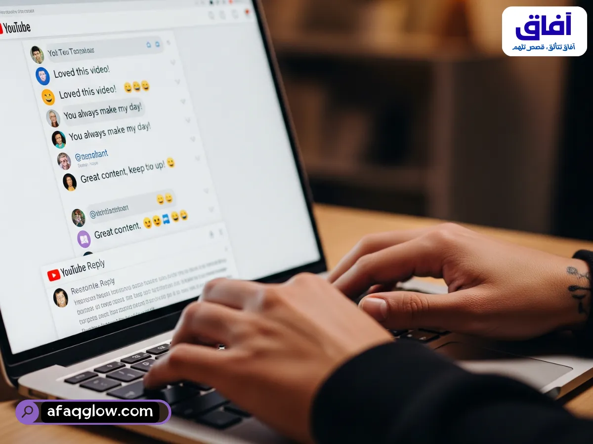 لقطة مقربة ليدي مستخدم يوتيوب يكتب على حاسوبه المحمول، مستجيباً للتعليقات على صفحة فيديوهاته على يوتيوب. تُظهر الشاشة تفاعلاً إيجابياً وتفاعلاً مجتمعياً. أسلوبه أصيل ومركّز.
