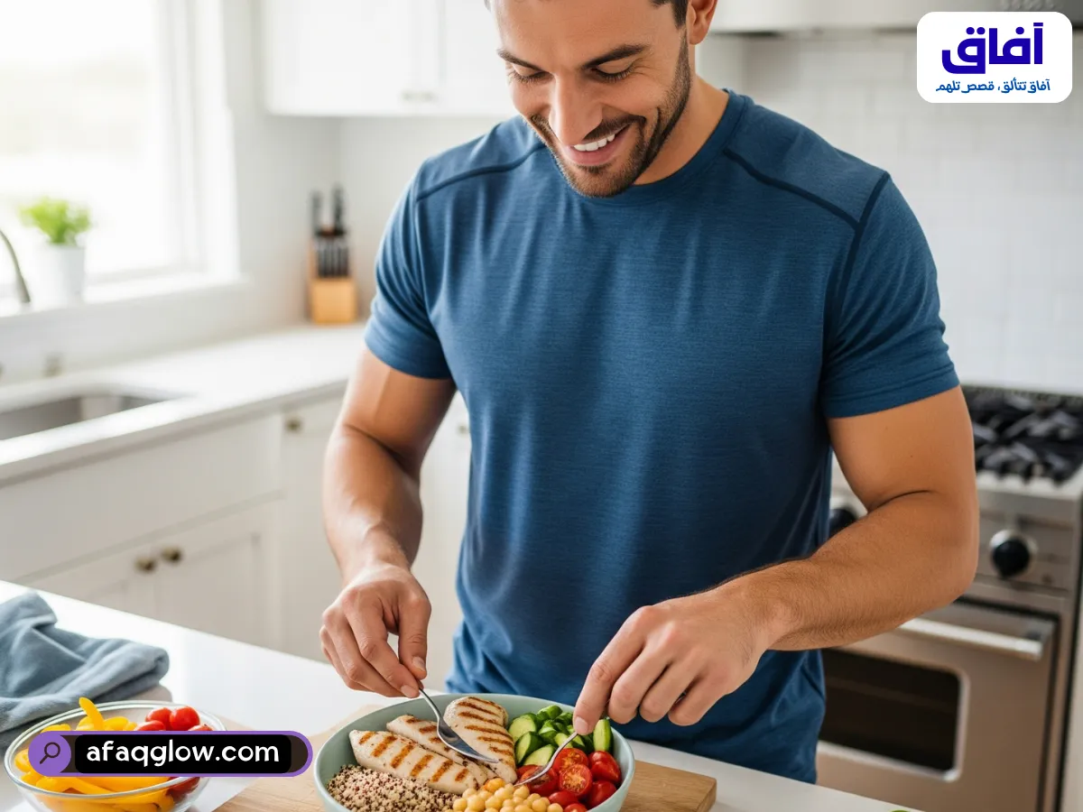 رجل في أواخر العشرينيات من عمره، ذو بنية رياضية، في مطبخه يُحضّر وجبة ما بعد التمرين. يبتسم وهو يُحضّر طبقًا ملونًا من صدور الدجاج المشوية، والكينوا، والحمص، ومجموعة متنوعة من الخضراوات الطازجة.