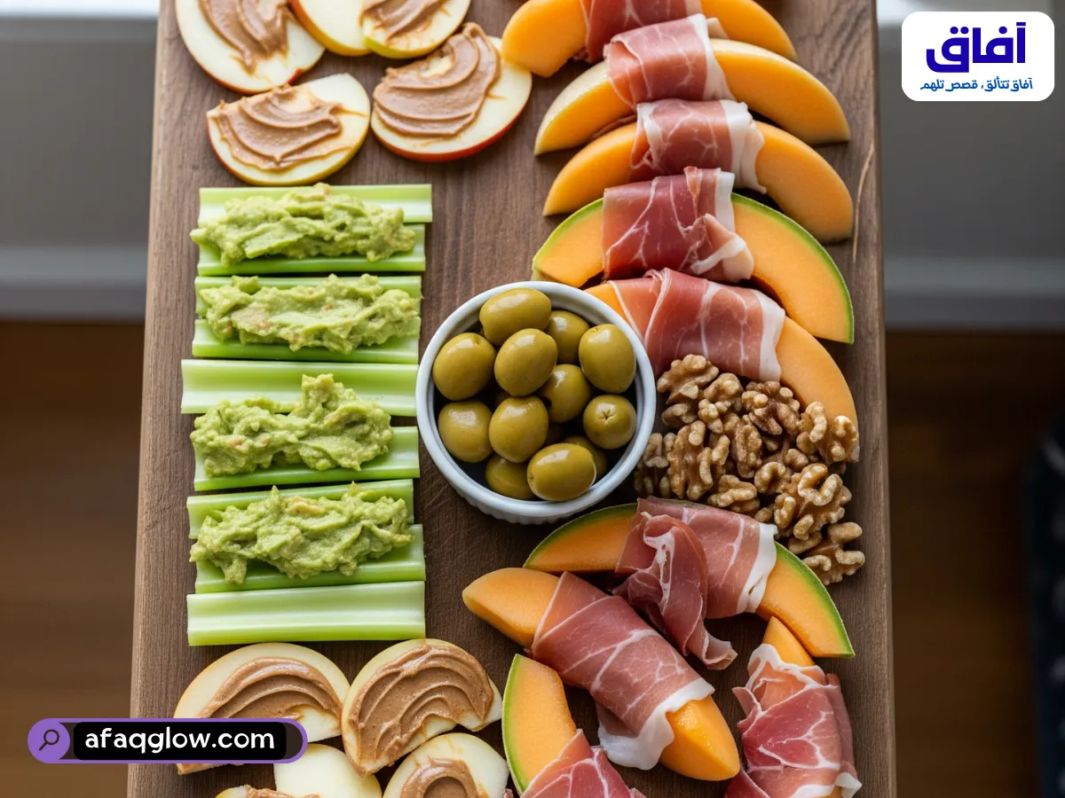 لقطة مرتبة بعناية، من أعلى إلى أسفل، لطبق وجبات خفيفة متوافق مع نظام Whole30 الغذائي، موضوع على سطح خشبي ريفي. تتضمن شرائح تفاح مع زبدة اللوز، وأعواد كرفس مع جواكامولي، ووعاء صغير من الزيتون، وبعض شرائح البطيخ الملفوفة بالبروسسيوتو، وبعض الجوز.